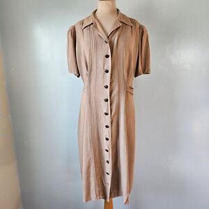 Teca Spun Rayon Pintuck Day Dress Tan Short Sleeve Vintage 1940s WWII Era XL